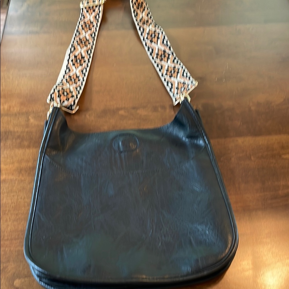 Tan and Black Crossbody Bag with Geometric Strap